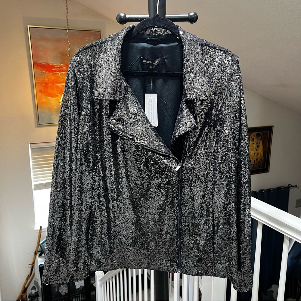 NWT Colleen Lopez Fully Lined Zippered Gunmetal Color Sequin Moto Jacket Size 2X